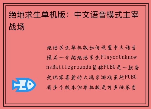 绝地求生单机版：中文语音模式主宰战场